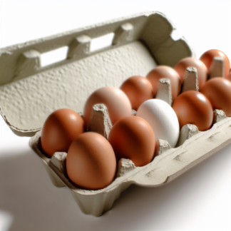 A realistic 12-count egg carton, open, showing brown and white eggs inside. The eggs should have a natural, smooth texture, with slight imperfections like real farm-fresh eggs. The carton is made of recycled cardboard, placed on a plain white background with no other elements.